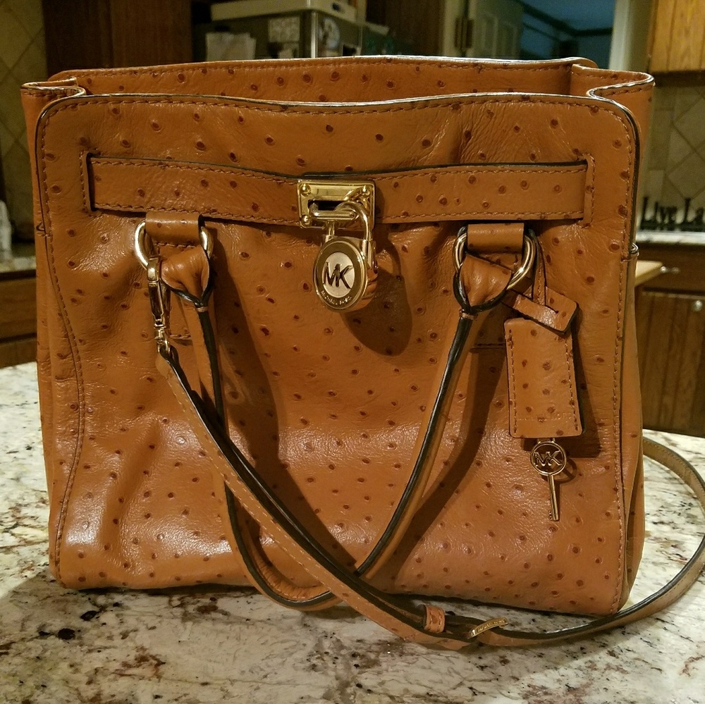 Michael Kors Small Hamilton Brown Ostrich Handbag!